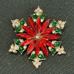Christmas Holiday Poinsettia Rhinestone Brooch